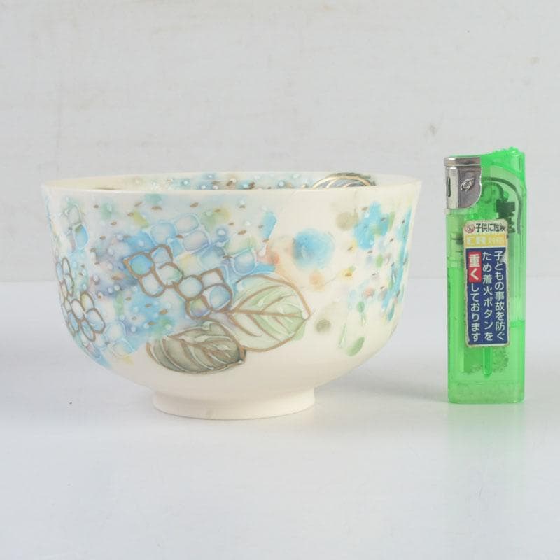 茶道具　京焼　橋本永豊作　色絵　紫陽花文　イッチン茶碗　共箱　V　9650