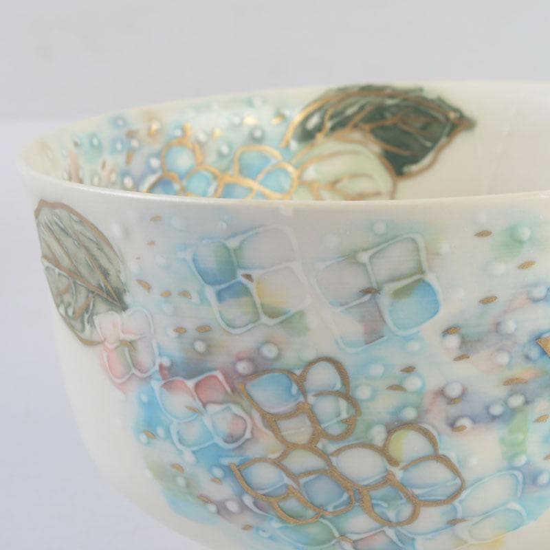 茶道具　京焼　橋本永豊作　色絵　紫陽花文　イッチン茶碗　共箱　V　9650