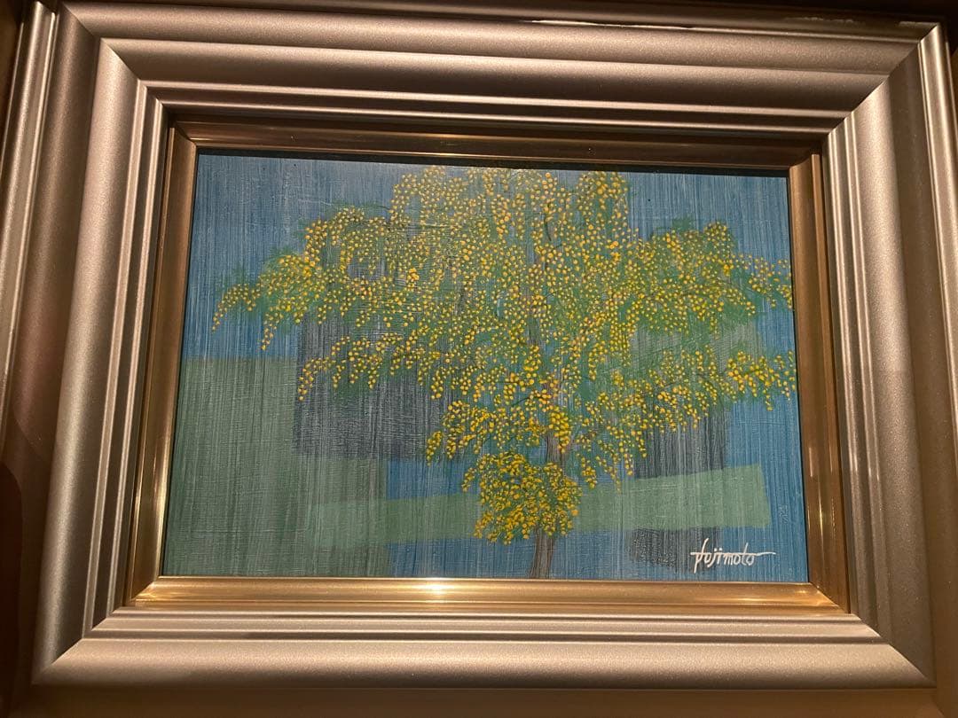 絵画　「春の予感」　藤本俊英　ミモザ　smアクリル画