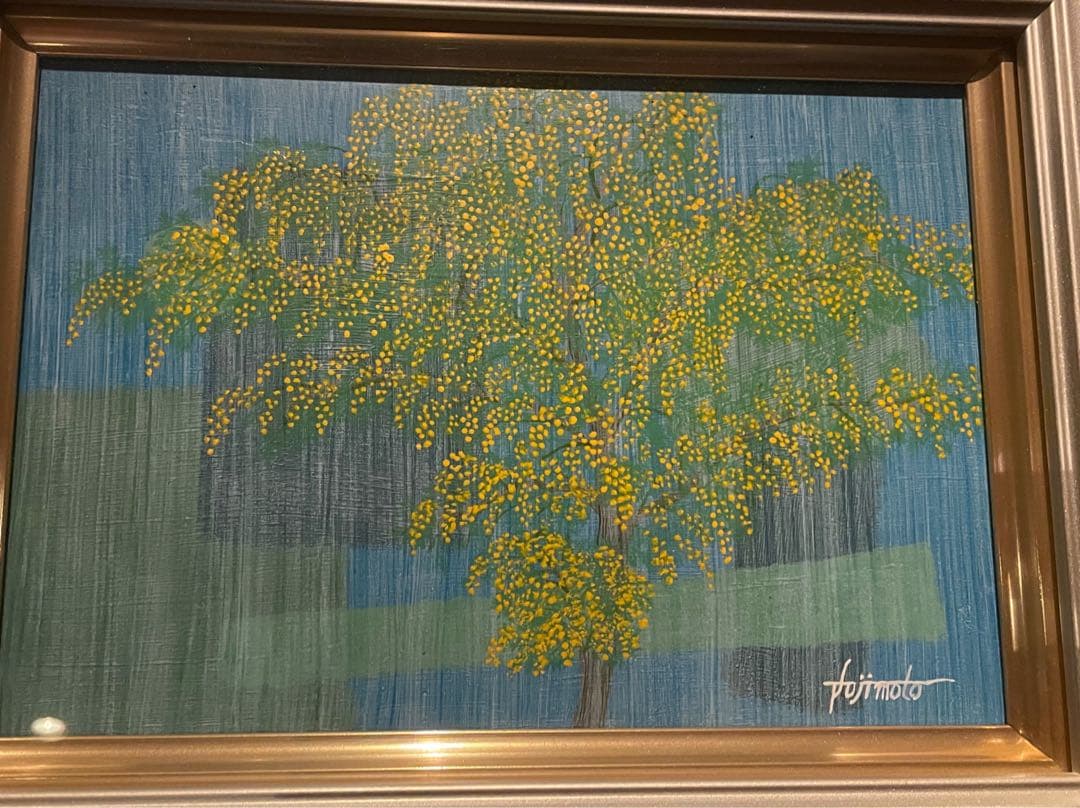 絵画　「春の予感」　藤本俊英　ミモザ　smアクリル画