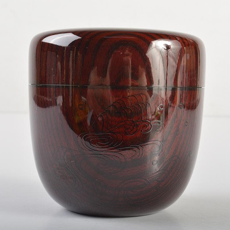 山中塗　辻石斎造　波に貝蒔絵　大棗　共布　宗左(而妙斎)極め箱　F　R6886