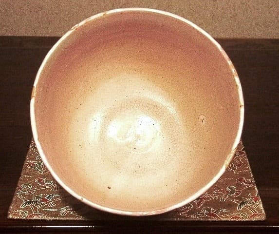 九谷焼　松田蘇川作　沢守半翠画　霊芝　御本手　茶碗　共箱　古物。