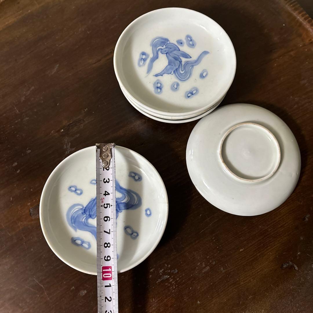 アンティーク　伊万里　うさぎ図染付小皿5点　幕末　明治　大正　検:白洲正子　李朝