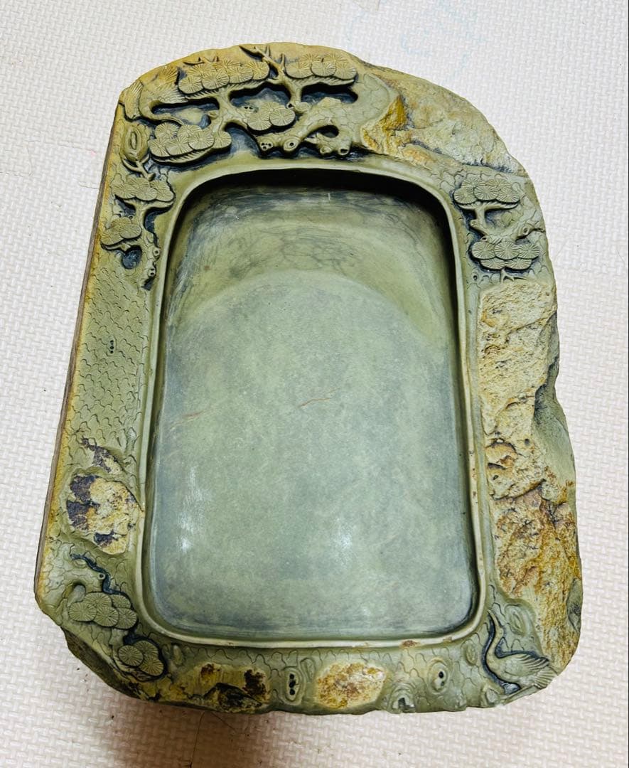 [極上珍品]房具 中国　清時代　古美術　硯紫檀蓋付き 松鶴綠端溪文房具