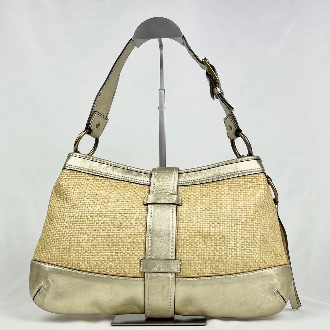 COACH レガシー バックル ショルダーバッグ ストロー ラフィア ベージュ