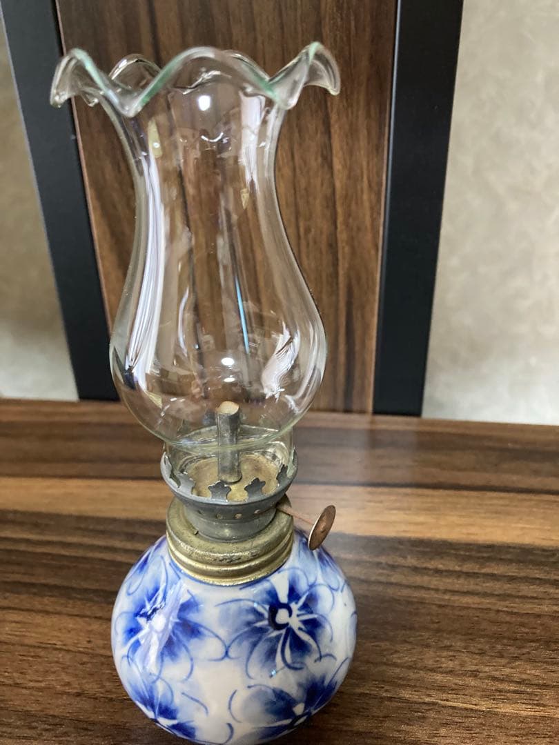 [骨董品] 青い花模様のオイルランプ　ヴィンテージ ランプ　陶器×ガラス