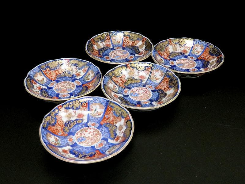 古伊万里　金襴手　百花繚乱　花鳥紋の図　４寸皿　５枚　D511AS-favu