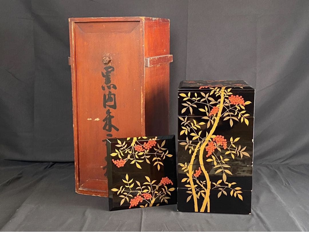 時代 南天蒔絵 黒塗内朱 五段重箱 二枚蓋 共箱 江戸末期 底梨地 / 輪島塗