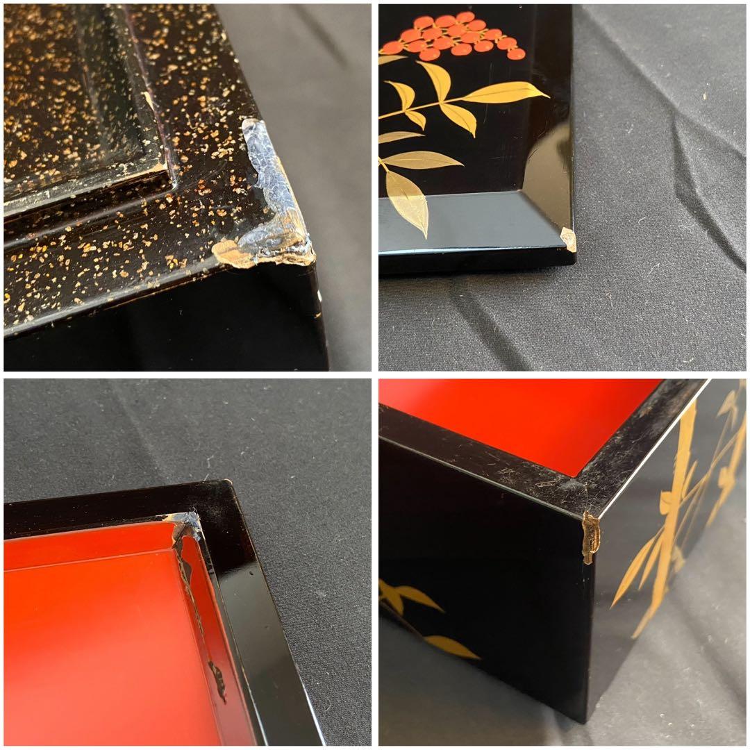 時代 南天蒔絵 黒塗内朱 五段重箱 二枚蓋 共箱 江戸末期 底梨地 / 輪島塗