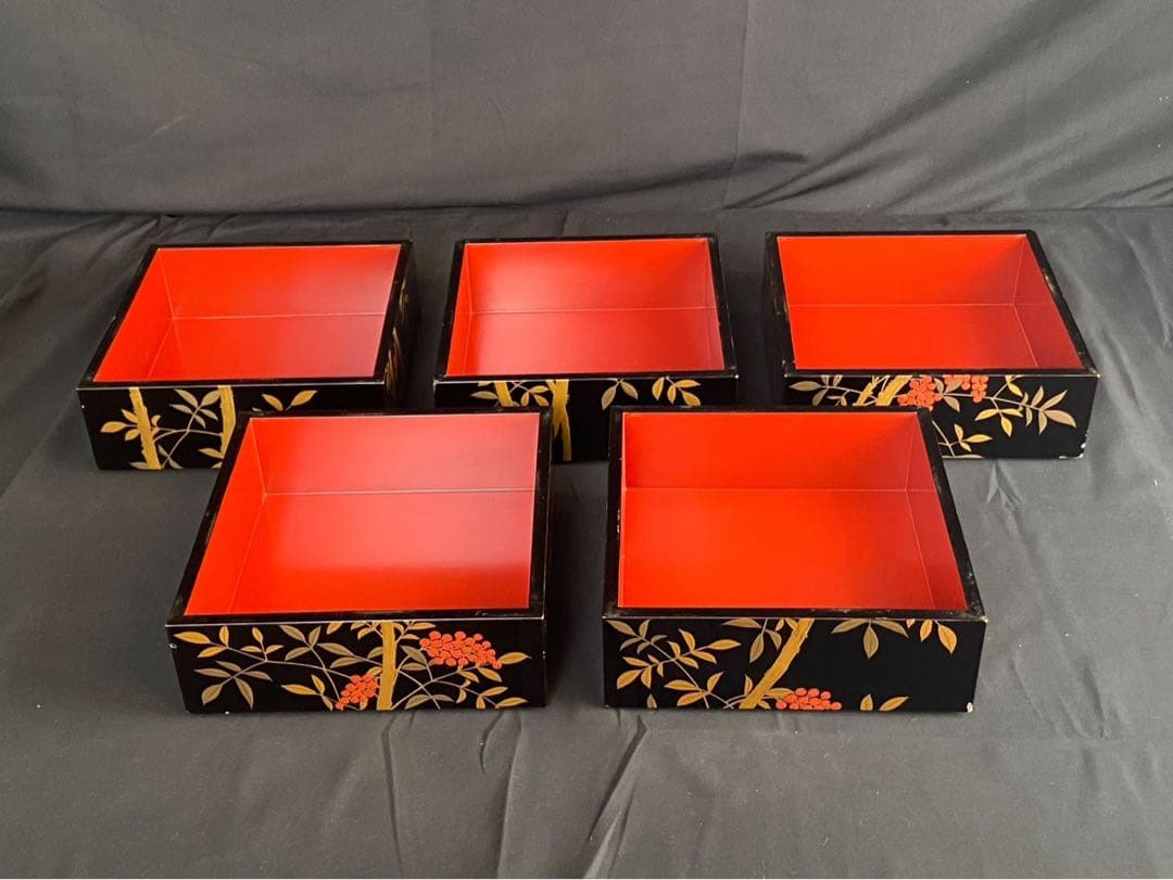 時代 南天蒔絵 黒塗内朱 五段重箱 二枚蓋 共箱 江戸末期 底梨地 / 輪島塗