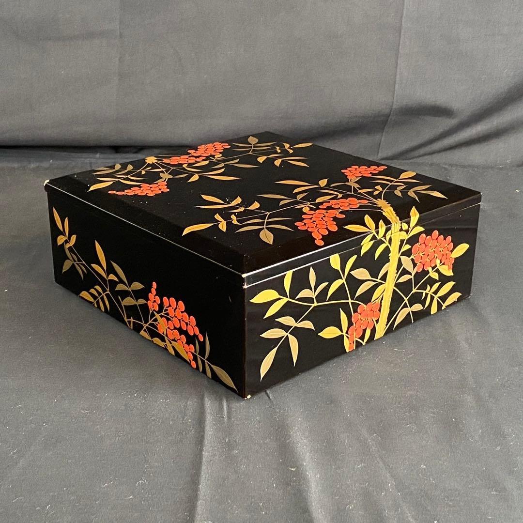 時代 南天蒔絵 黒塗内朱 五段重箱 二枚蓋 共箱 江戸末期 底梨地 / 輪島塗