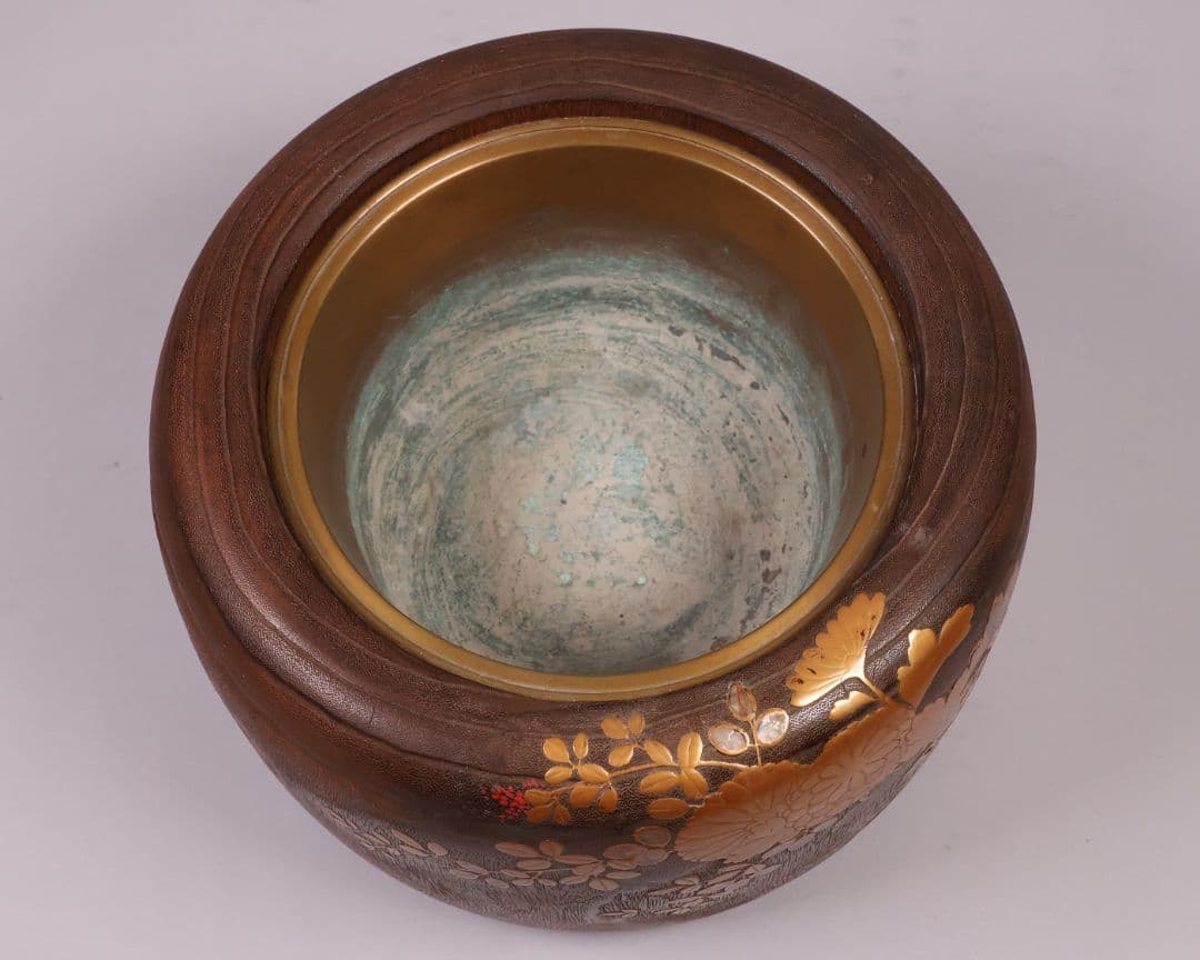 花鳥蒔絵 螺鈿細工 桐火鉢 幅30.7cm 高20cm 金蒔絵 草花【MB69