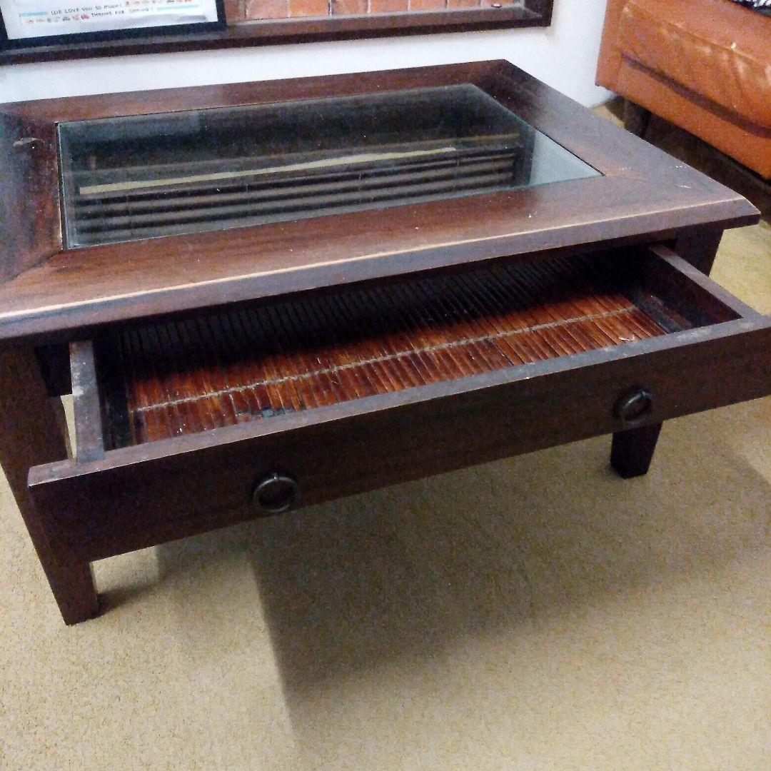 木製ガラス天板引き出し付き四角テーブル