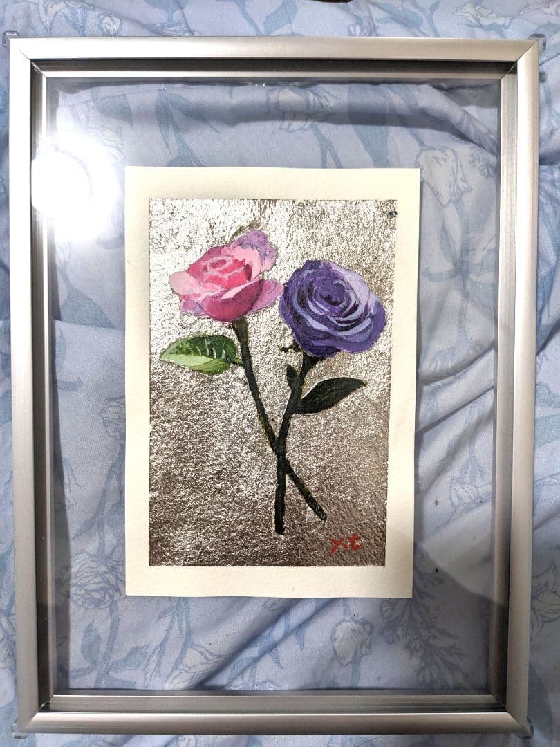 超美品！原画　最高級プラチナ箔を押したピンクと紫の薔薇　箔押し　アクリル画　絵画