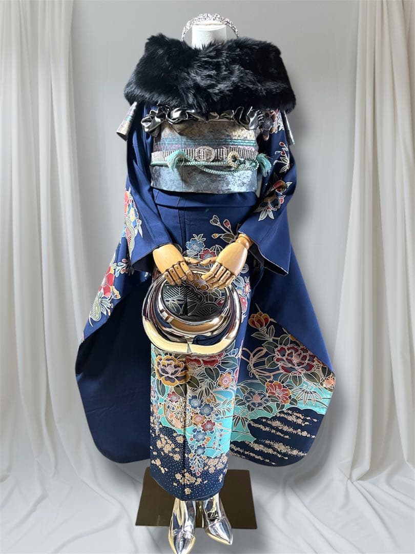 本日限定価格！紅型 ブルー ファー付き 振袖 フルセット 成人式