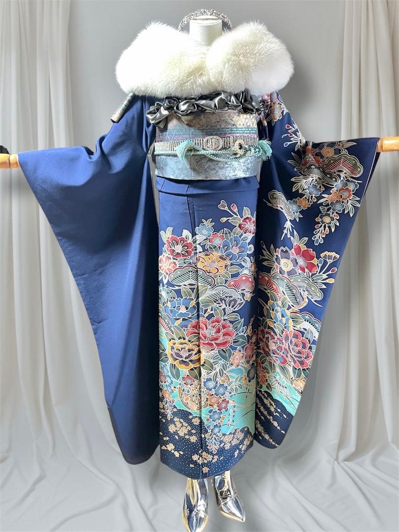 本日限定価格！紅型 ブルー ファー付き 振袖 フルセット 成人式