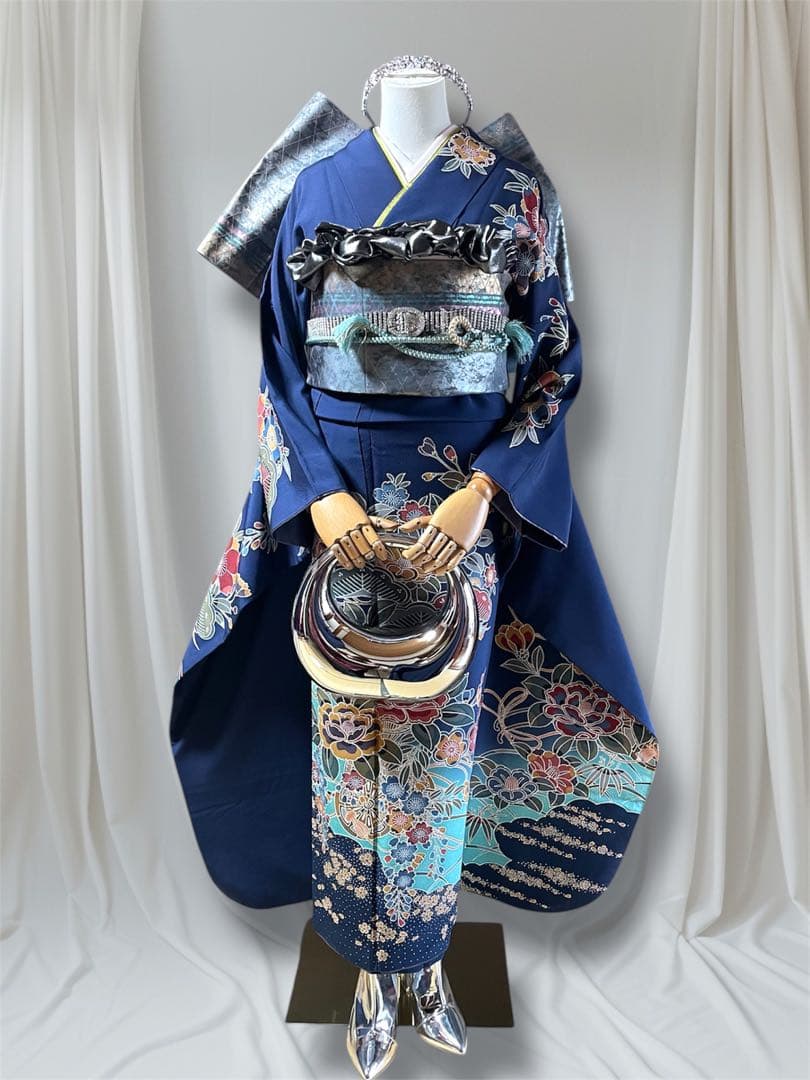 本日限定価格！紅型 ブルー ファー付き 振袖 フルセット 成人式