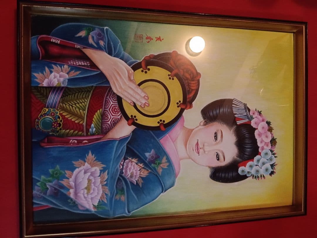 時代着物美人姿水彩画昭和時代頃縦５７Ｘ横幅４２Ｘ厚さ３センチガラス当時物額装品