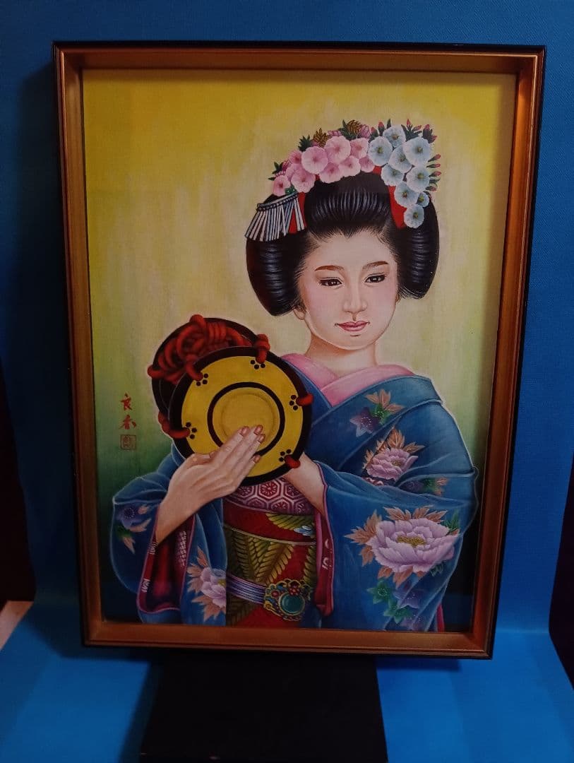 時代着物美人姿水彩画昭和時代頃縦５７Ｘ横幅４２Ｘ厚さ３センチガラス当時物額装品
