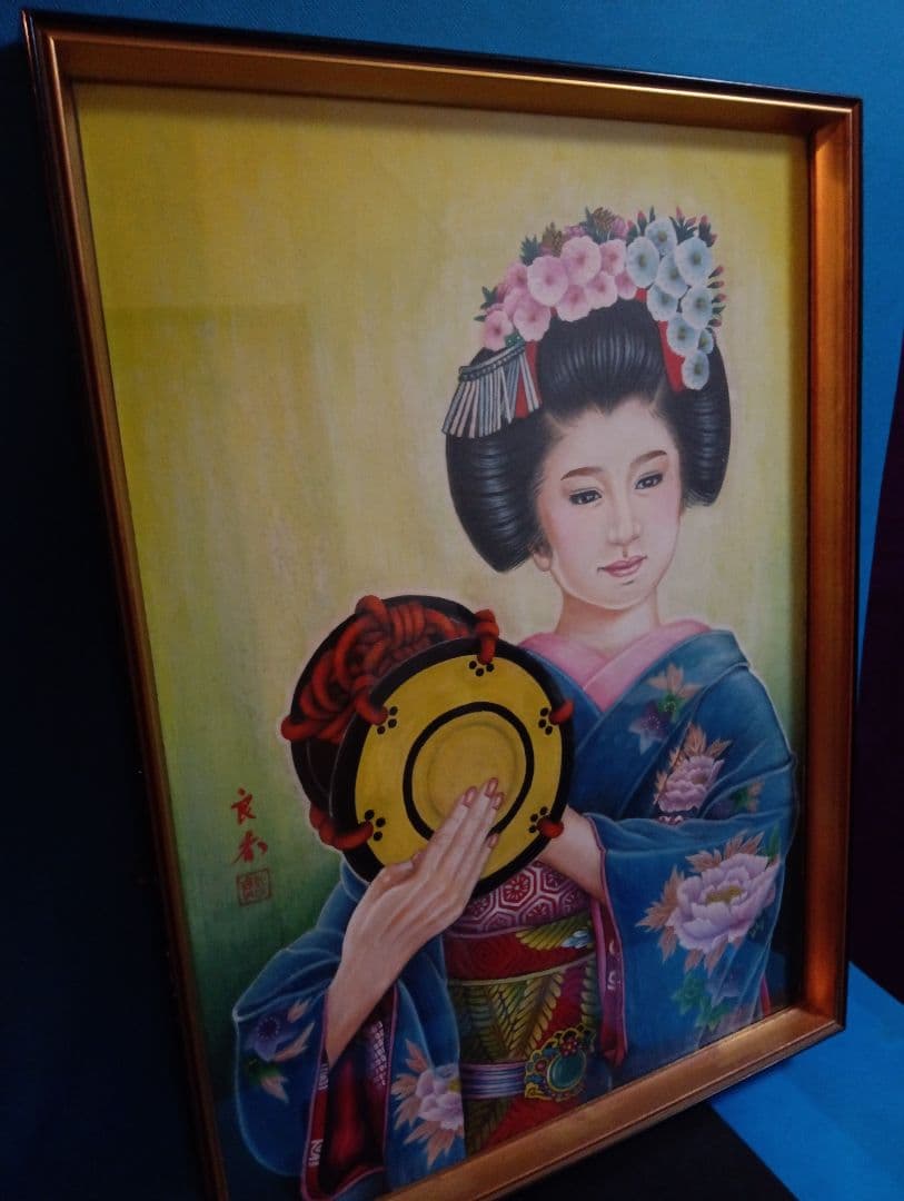 時代着物美人姿水彩画昭和時代頃縦５７Ｘ横幅４２Ｘ厚さ３センチガラス当時物額装品