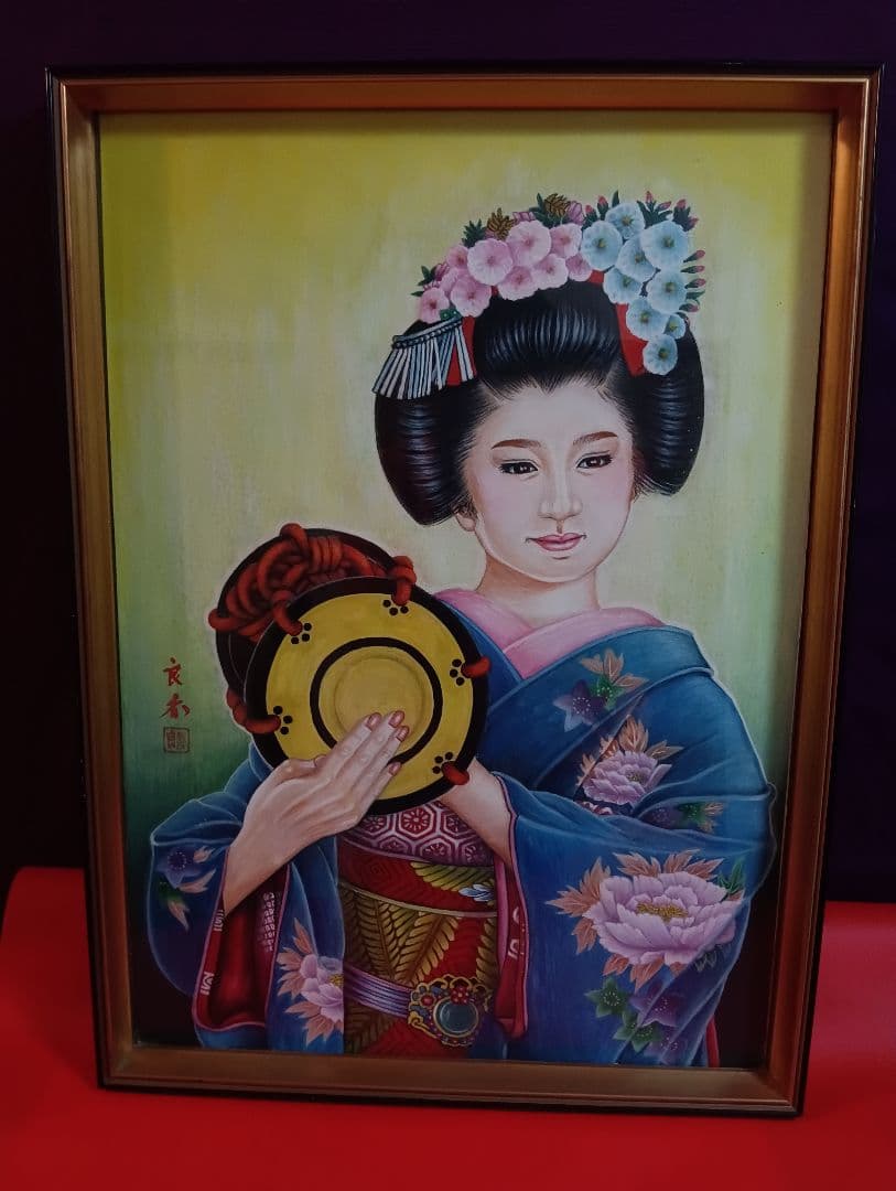 時代着物美人姿水彩画昭和時代頃縦５７Ｘ横幅４２Ｘ厚さ３センチガラス当時物額装品