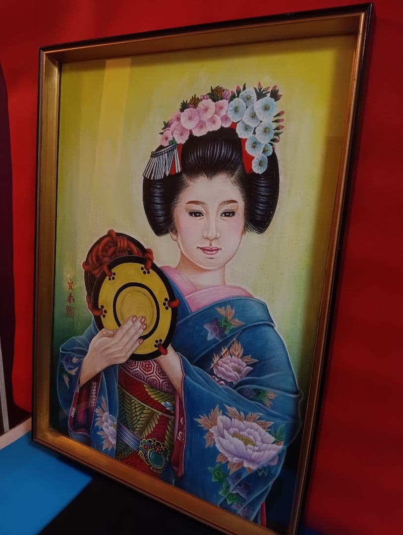 時代着物美人姿水彩画昭和時代頃縦５７Ｘ横幅４２Ｘ厚さ３センチガラス当時物額装品