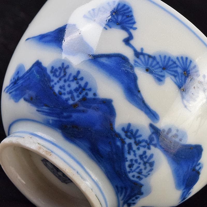 中国　青花　漢詩山水人物文　煎茶碗　時代箱付　V　R9489