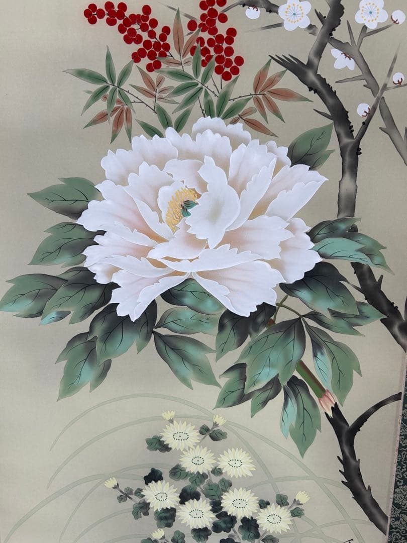 掛け軸 飯島千里 四季草花 絹本 希少 軸装 茶道具 掛軸 です。