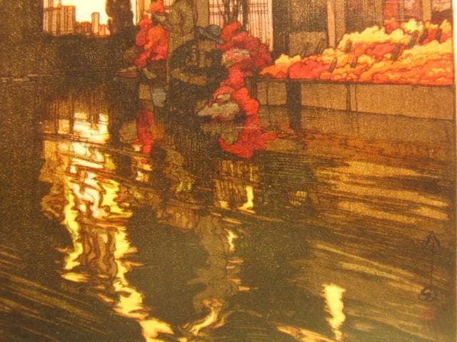 吉田　博、東京十二題　神楽坂通　雨後の夜、希少な画集より、高級額装付