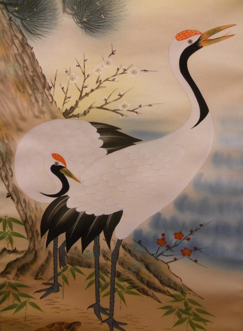 掛け軸 春光 『 鶴亀 』 絹本 希少 軸装 茶道具 掛軸 美品 です。