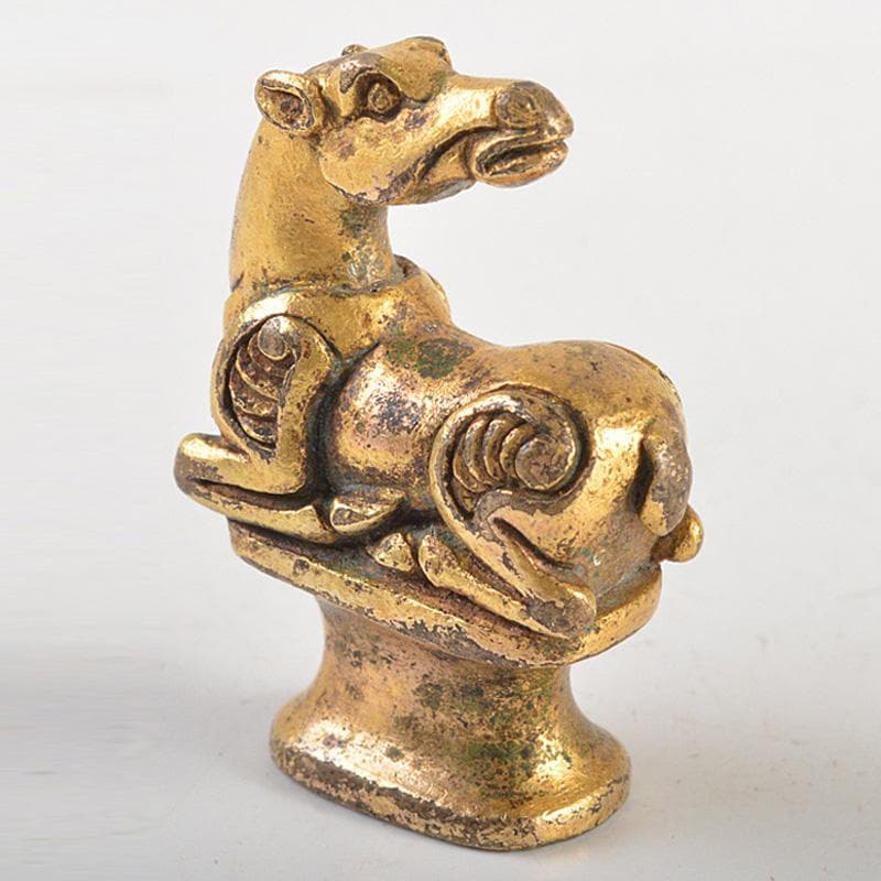 中国　古銅鍍金　馬像　紙鎮　置物　V　R7506