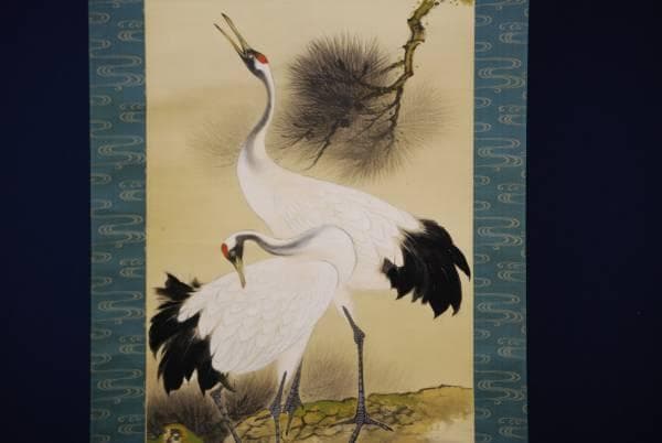 真作/伊藤渓水/松上双鶴図/絹表装/布袋屋掛軸HC-908