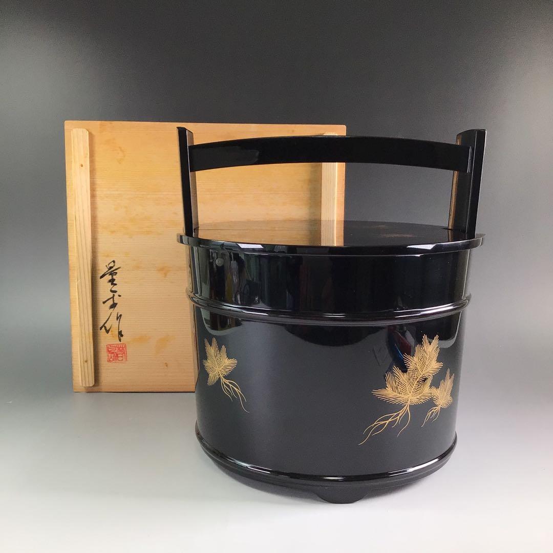 Ｐ８５９　水指　『輪島塗』『根引松蒔絵』『手桶水指』　共箱　茶道具