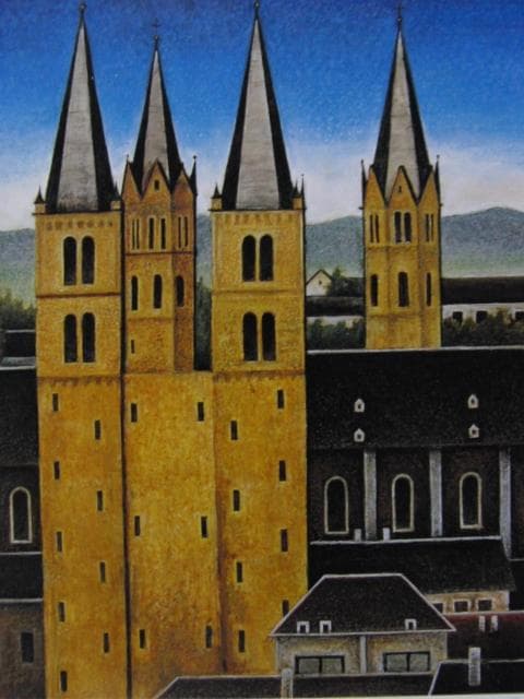 桑島春彦、【塔のある礼拝堂】、希少な画集画、新品高級額・額装付