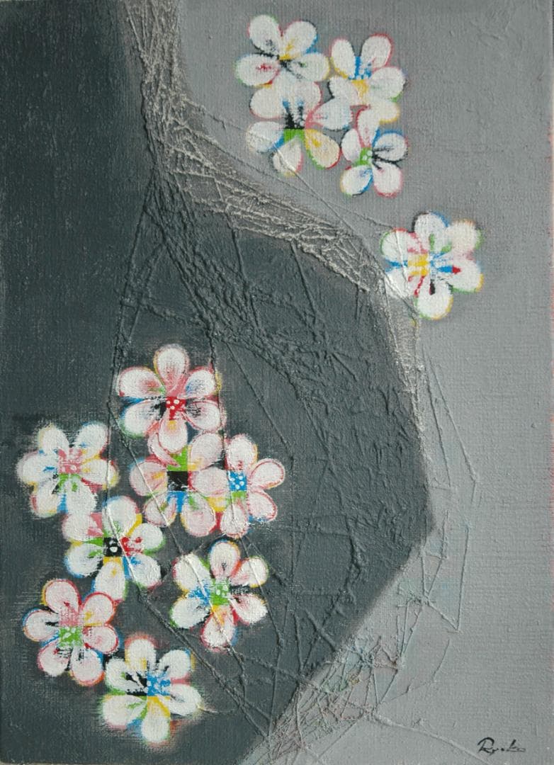 絵画 インテリア 絵 額付(黒) 油絵 F4-090516 花 梅