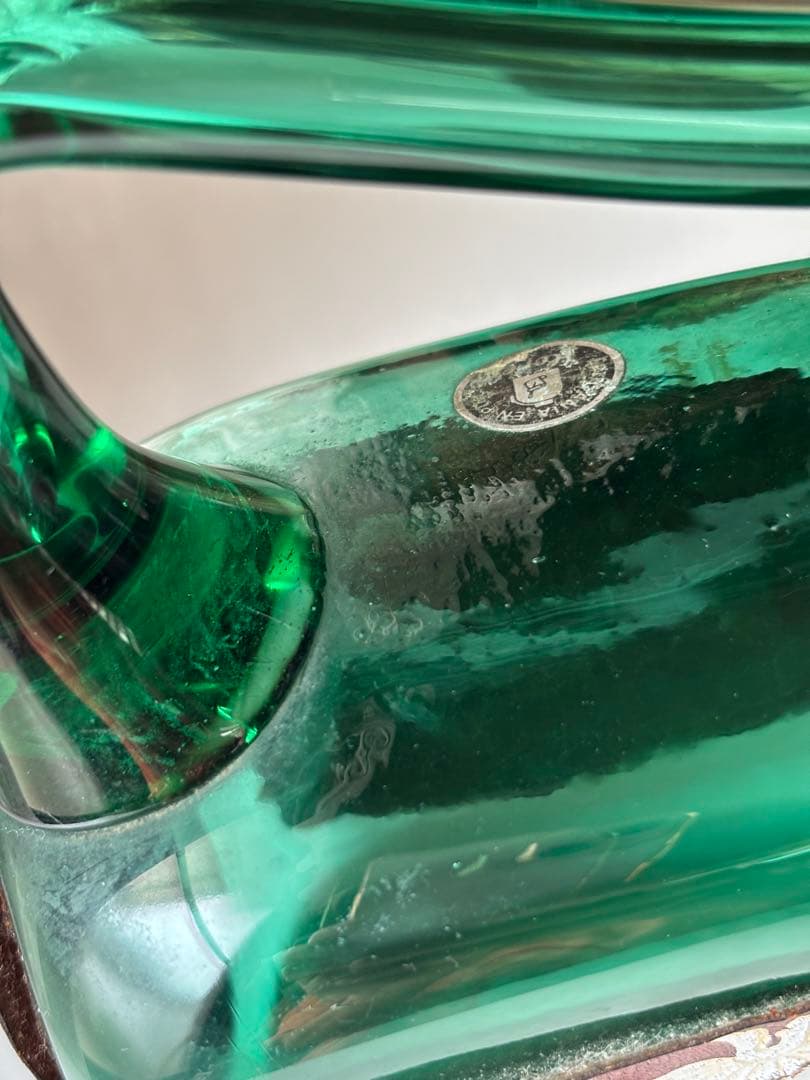 ガラス　角　ピッチャー　ハンドメイド　グリーン　希少　ヴィンテージ　工芸品