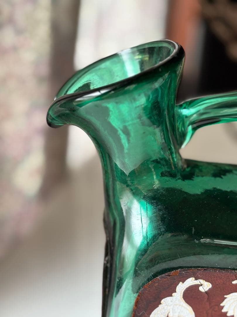 ガラス　角　ピッチャー　ハンドメイド　グリーン　希少　ヴィンテージ　工芸品