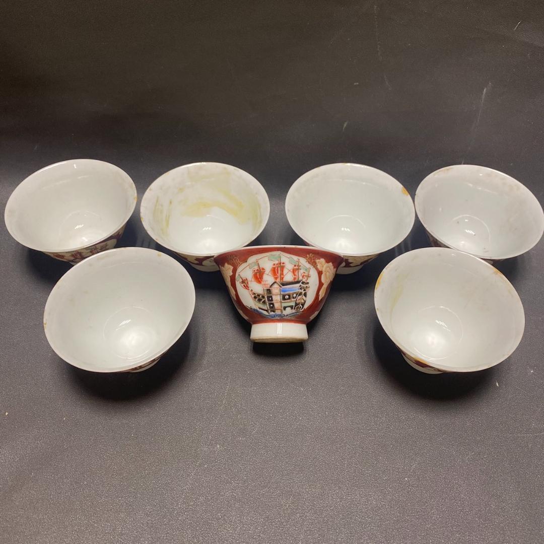 240202D 九谷　南蛮船図 珍しい図柄　7客