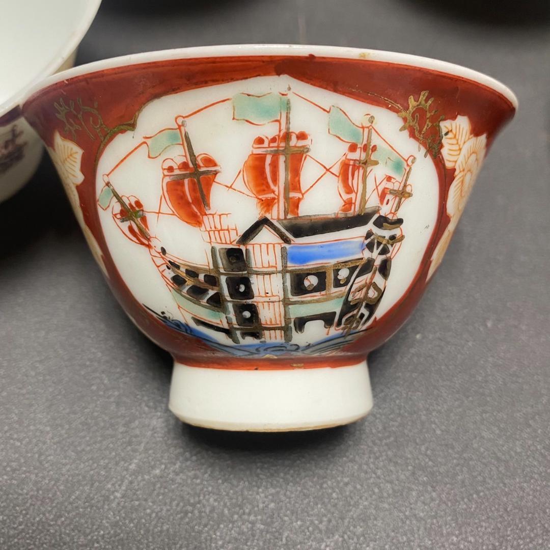 240202D 九谷　南蛮船図 珍しい図柄　7客