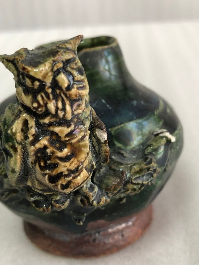 フクロウ 古織部焼 古美術 工芸品 花器 高さ約8cm 置物 インテリア