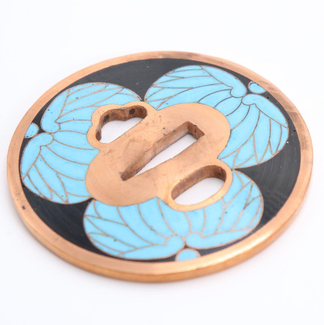 銅製七宝三つ葉葵文鐔 刀装具 一對 桐箱付　V356　1F28