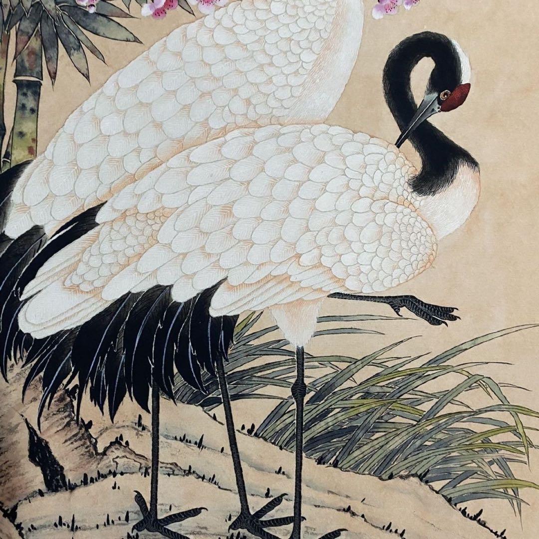 【防偽証書付】沈銓「梅竹双鶴図」中堂掛軸　表装済み　大判200×70cm