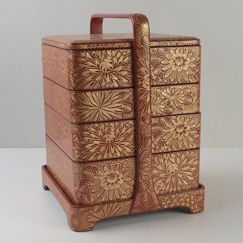 ゆりる　輪島塗　沈金蒔絵　菊彫文　手提四段重箱　共箱　M　R9137H