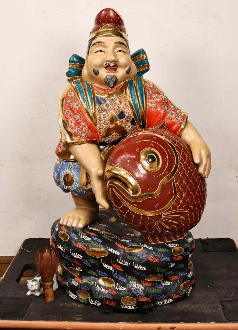 九谷焼　峰光 銘　色絵金彩　恵比寿像　七福神　置物　高さ約62cm　BK125