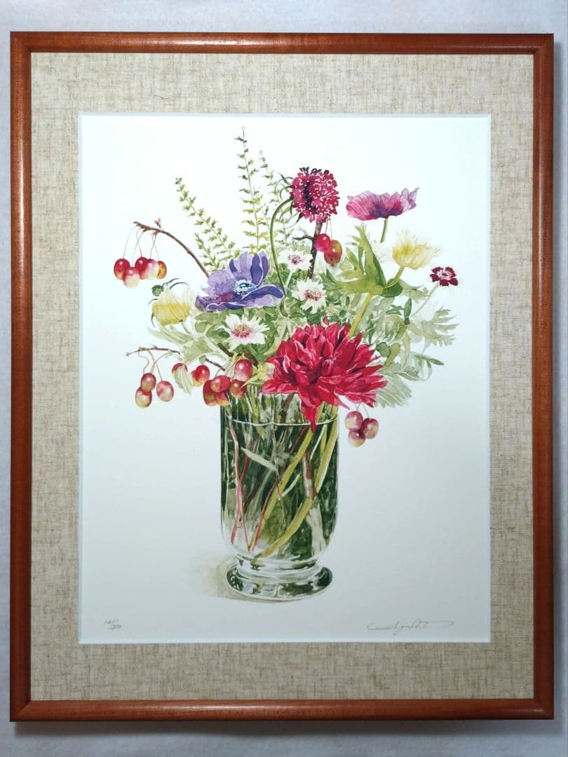 版画 額装品 柘植彩子 花の水彩画 ジクレー 限定 木製フレーム付 ボタニカル