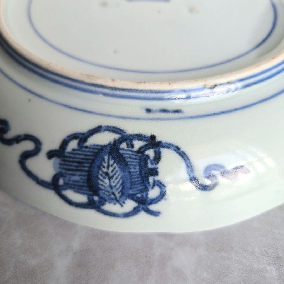 古伊万里　型紙摺　七寸皿　江戸時代　染付　寿　金直し　金継ぎ　アンティーク