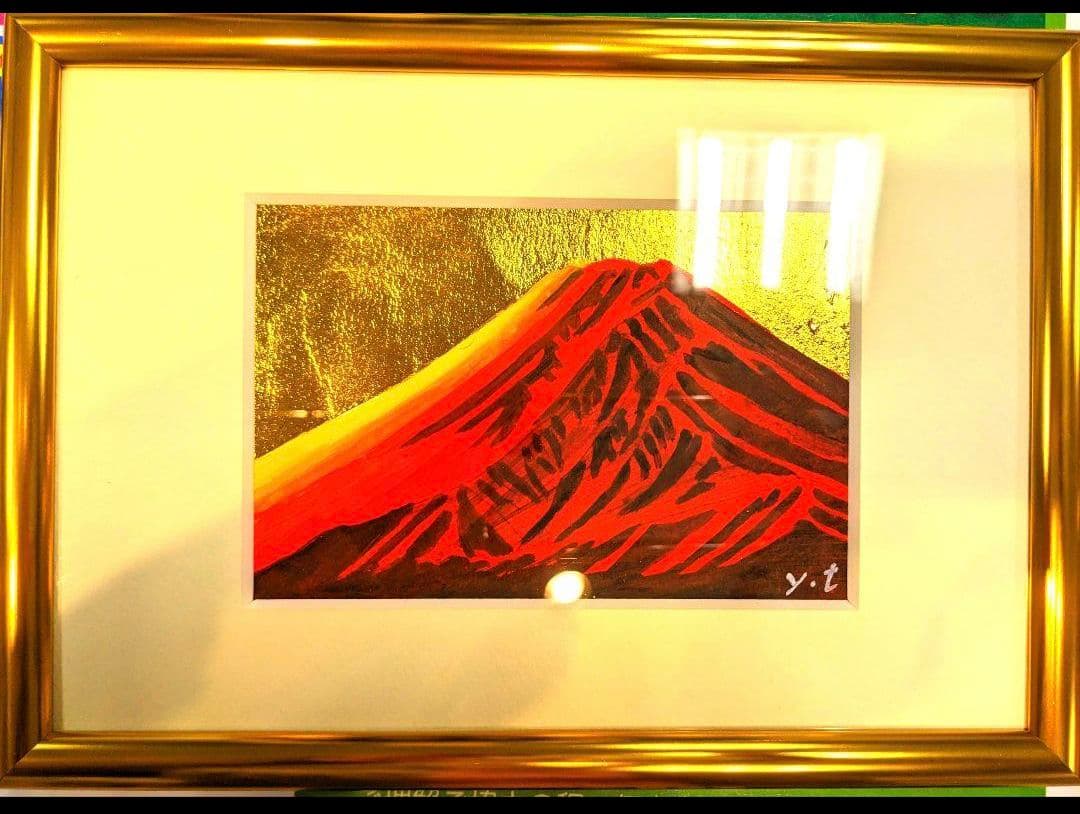 超美品！値下げ交渉あり！原画　金箔で赤富士　アクリル画　水彩画　絵画