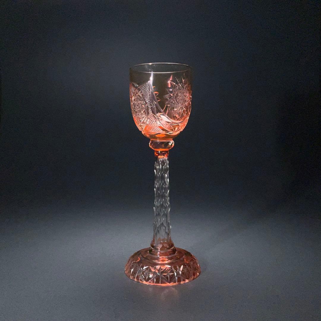 【希少】アンティークグラス　カットガラス　赤　ワイングラス　美品　R1332ダI