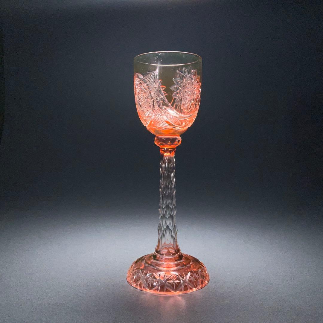 【希少】アンティークグラス　カットガラス　赤　ワイングラス　美品　R1332ダI