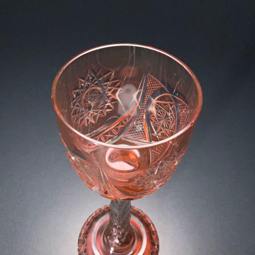 【希少】アンティークグラス　カットガラス　赤　ワイングラス　美品　R1332ダI